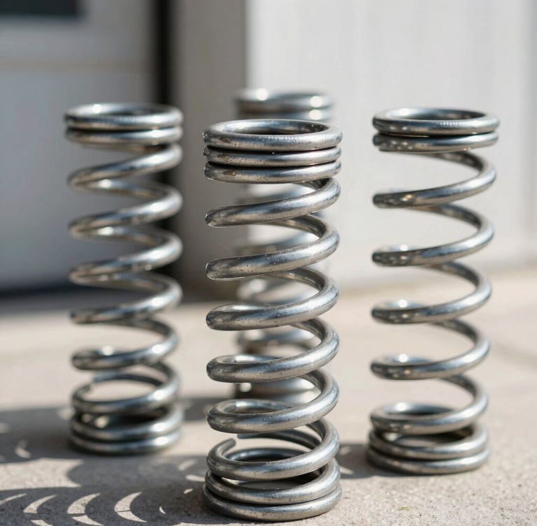 Close-up of heavy-duty steel garage door torsion springs, bright natural daylight, sharp focus on metallic coils, crisp commercial photography