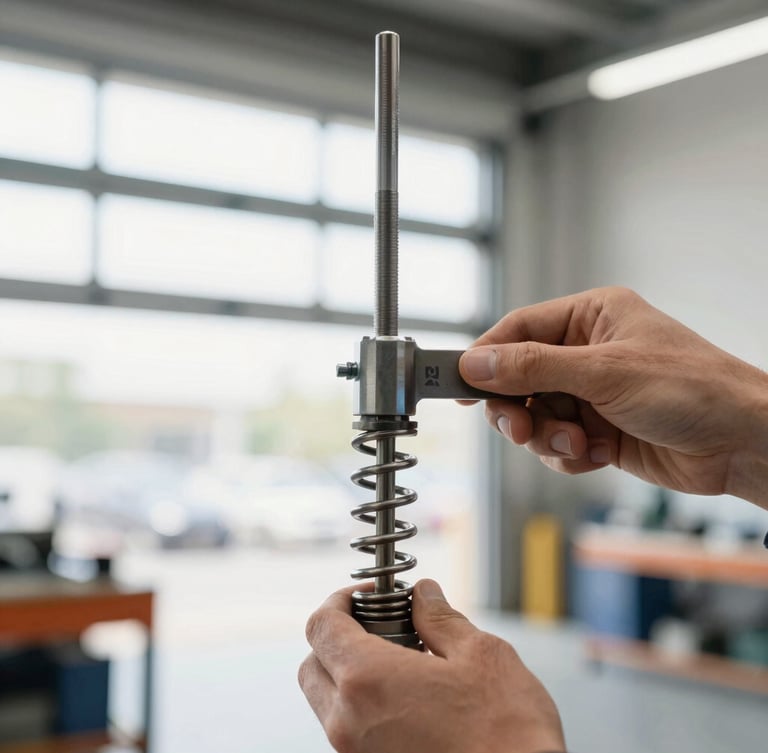 Close-up of hands calibrating a heavy-duty steel torsion spring in a brightly lit modern garage, sharp focus on tools, 35mm lens