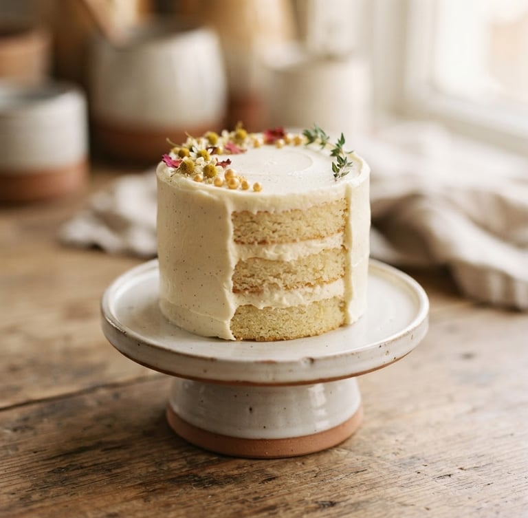 Editorial macro photo of a single, perfectly iced mini cake on a low ceramic pedestal, warm side-lighting, soft natural daylight, shallow depth of field, 35mm.