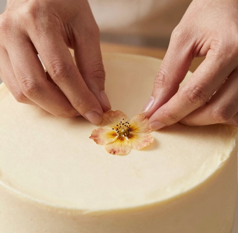 Editorial macro shot of hands carefully placing a delicate hand-pressed botanical flower onto a smooth cream-colored cake layer, warm natural daylight, 35mm