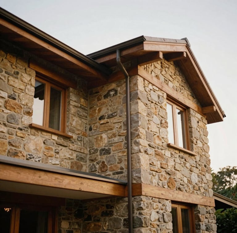 Architectural detail of a historic mid-century home, showing textured stone walls and warm oak frames under soft overcast daylight