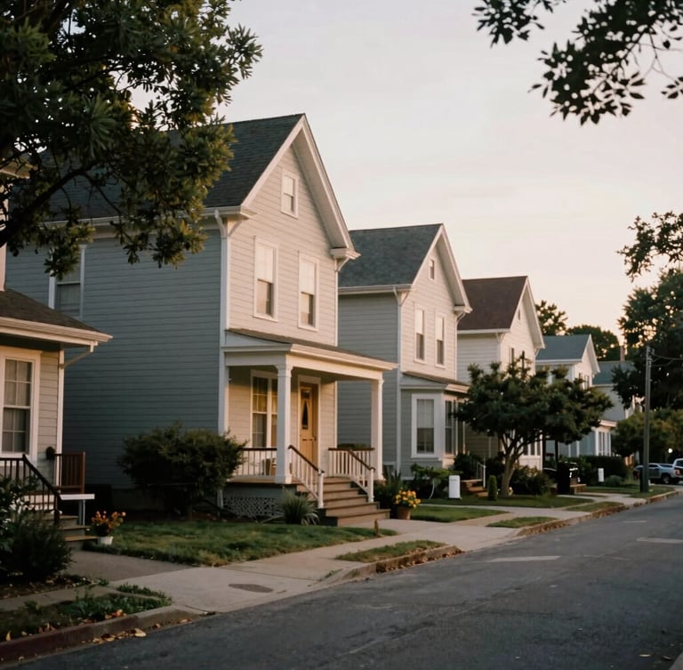 A quiet, tree-lined neighborhood street with historic craftsman homes under soft overcast daylight, rich muted tones.