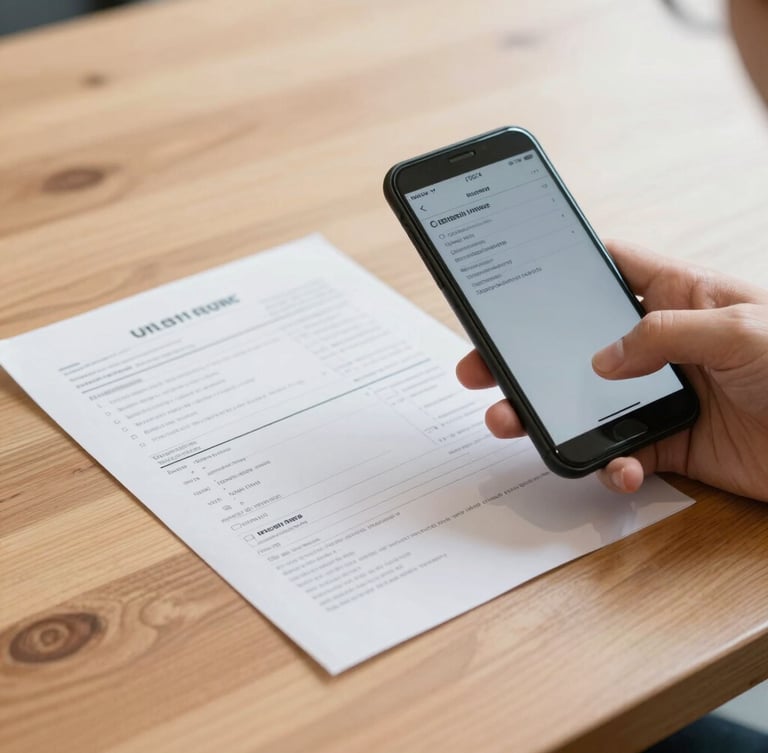 Bright natural daylight, a person holding a smartphone next to a paper utility bill on a clean wooden table, medium shot.