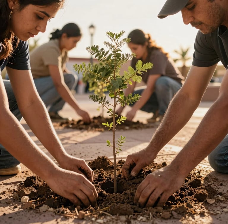 Close-up of local business employees planting native desert trees in a sunny Mexicali plaza, warm golden hour light, hands in dirt, teamwork focus, 35mm lens.