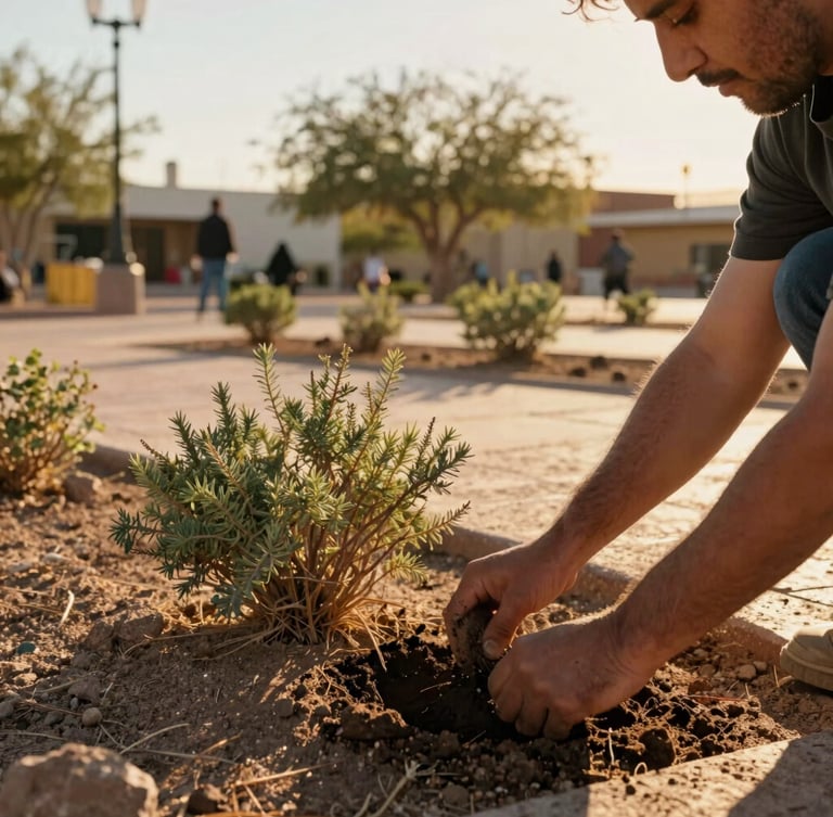 Candid documentary shot of hands planting native desert shrubs in a sunny Mexicali plaza, warm golden-hour light, 35mm lens