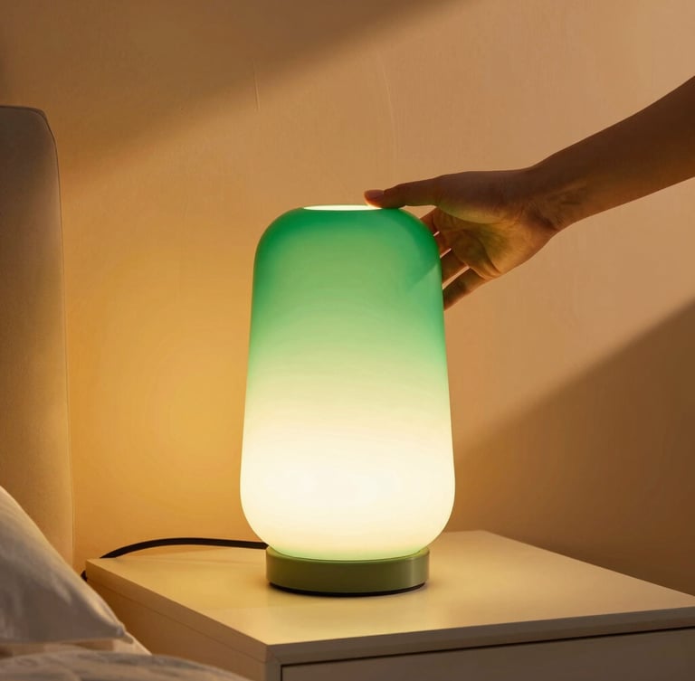 A hand adjusting a modern glowing green sculptural lamp on a bedside table, warm ambient light, cozy room, 35mm lens.