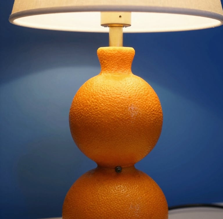 Close-up of a vibrant tangerine sculptural table lamp casting a sharp geometric shadow on a cobalt blue backdrop, warm ambient glow, 35mm lens