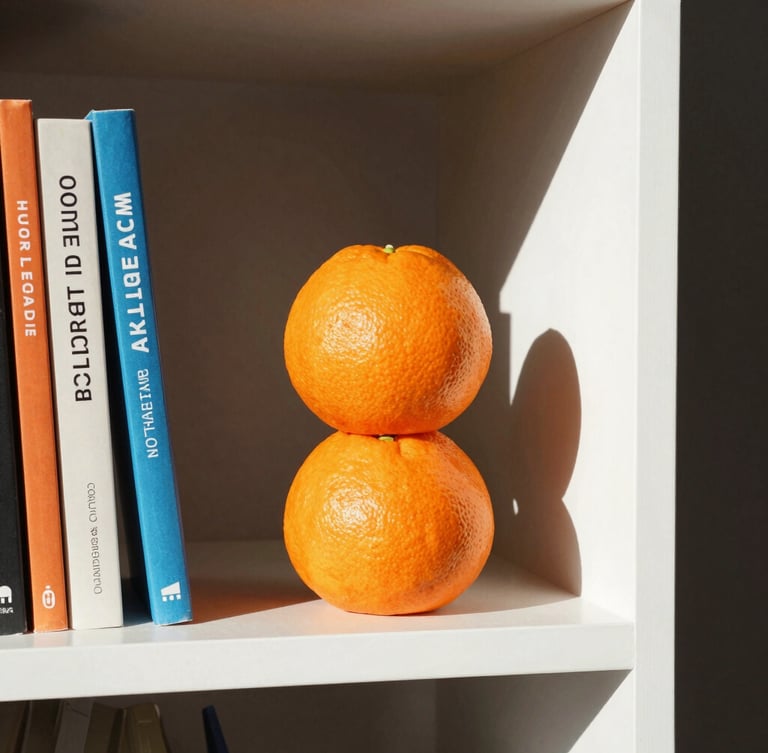 Close-up of a tangerine geometric sculpture styled on a contemporary bookshelf next to art books, direct sunlight, sharp shadows, 35mm lens.