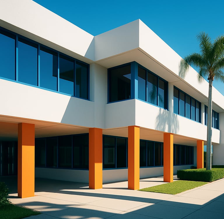 Bright architectural photography of a modern, sunlit Florida office with clean lines, crisp geometric shadows, 35mm