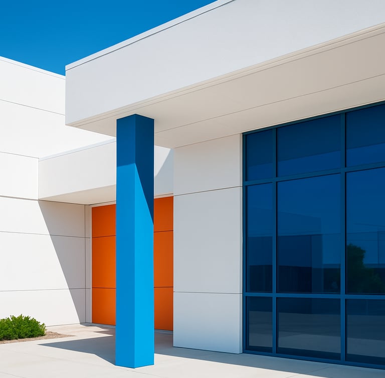 Bright modern architectural details of a sunlit Florida office with clean lines, sharp high-key daylight, and vivid blue accents, 35mm geometric composition.