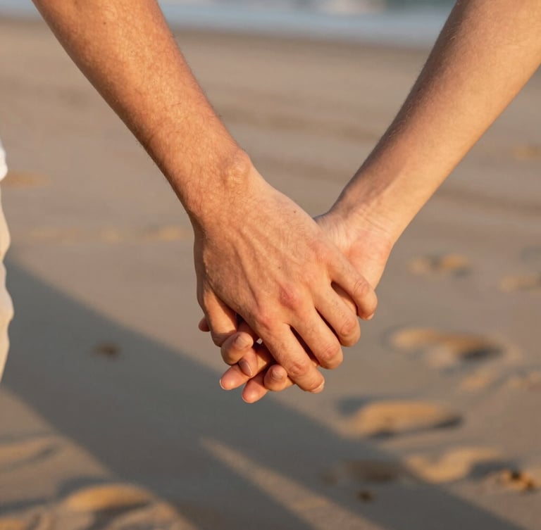 Close-up of two hands gently holding each other on a windy beach, warm golden-hour light casting soft shadows, intimate depth of field, 35mm