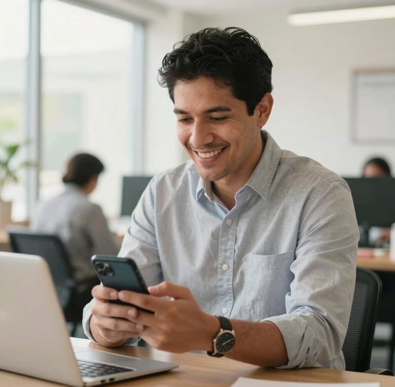 A friendly Latin American business owner in a bright, warm office, smiling while looking at his smartphone. Natural daylight, 35mm lens, authentic setting showing active communication.