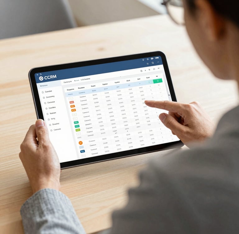 An over-the-shoulder view of a business owner reviewing a clean CRM dashboard on a tablet, bright natural daylight, warm tones, professional setting.