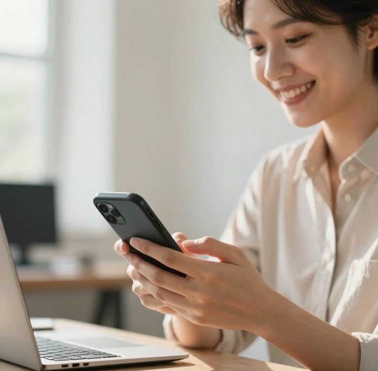 Medium close-up of a local business owner smiling while answering a WhatsApp message on his phone in a bright, sunlit office, warm editorial photography, 35mm lens