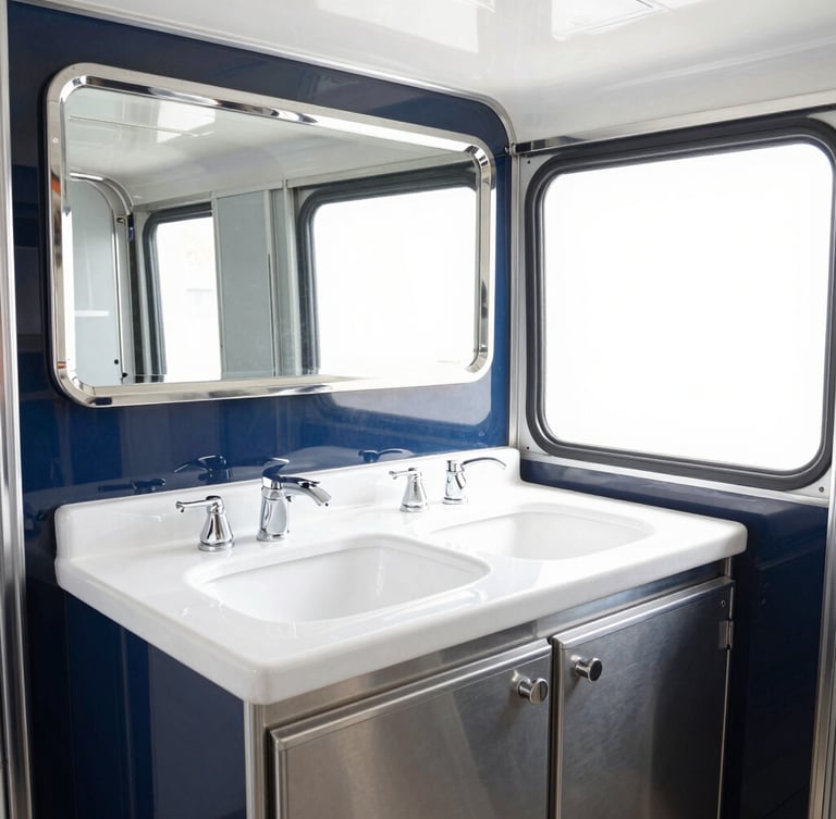 Bright high-key commercial photography of a gleaming luxury restroom trailer interior, pristine polished steel fixtures, crisp white porcelain, clean daylight, 35mm