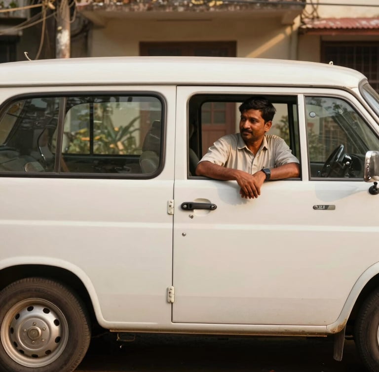 A premium white private cab parked outside a clean Kolkata home, chauffeur holding the door open under soft morning light.