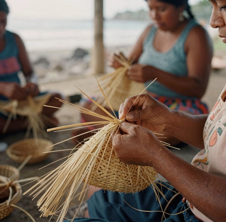 Documentary photography of a community art workshop in coastal Ecuador, natural golden light, hands weaving local straw, warm earthy tones, 35mm