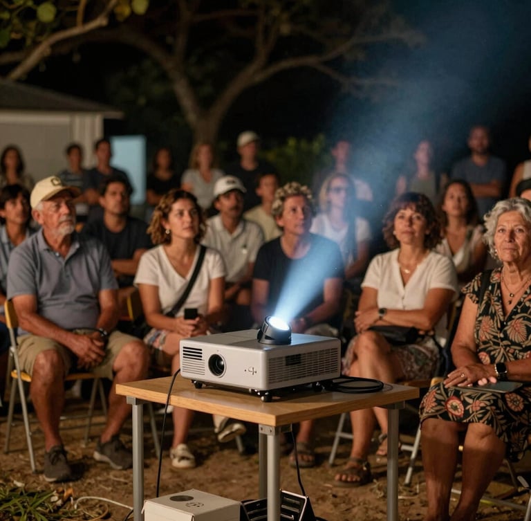 A community film screening outdoor at night, projector light cutting through the air, local audience watching, 35mm film style