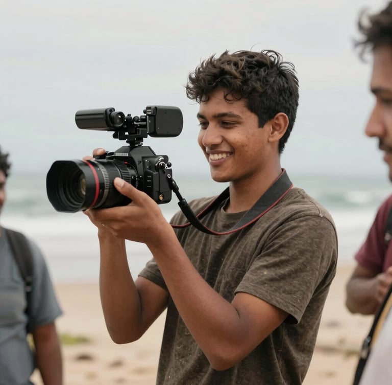 A young local filmmaker holding a camera, natural coastal light, smiling genuinely, behind-the-scenes documentary style