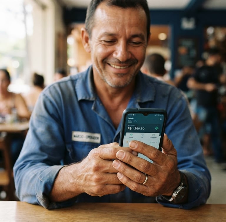 Autêntico trabalhador brasileiro sorrindo, usando o celular para acessar um aplicativo financeiro, em um ambiente de luz natural, com foco nas mãos e no telefone. Fundo sutilmente borrado.