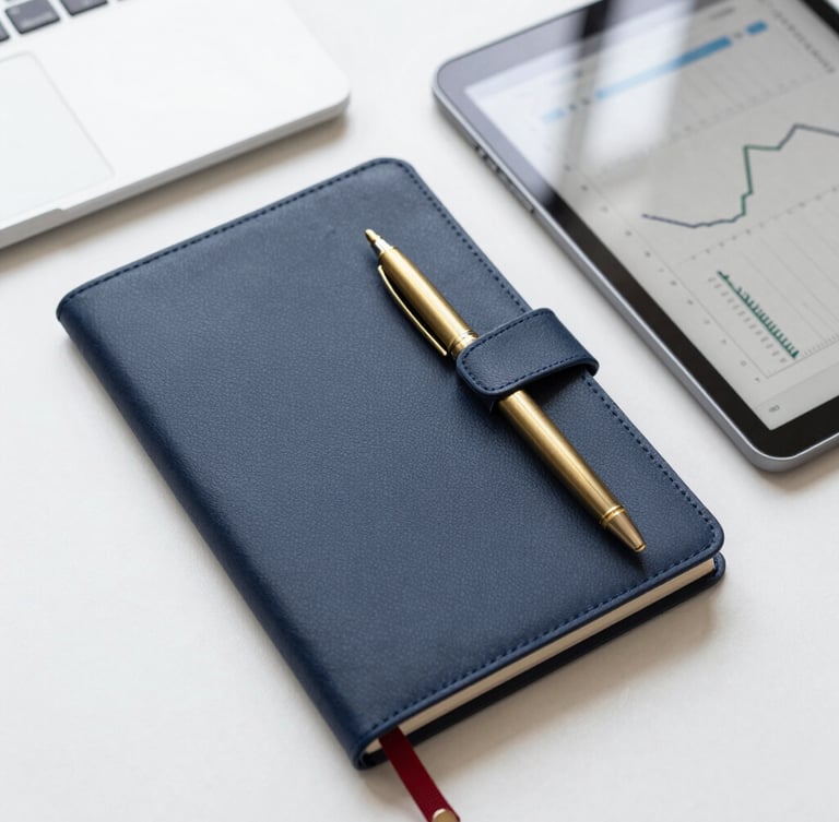 A top-down macro shot of an organized desk, featuring a high-quality physical notebook, a brass pen, and a clean tablet screen showing a simple financial chart, bright overcast daylight, sharp focus, 35mm