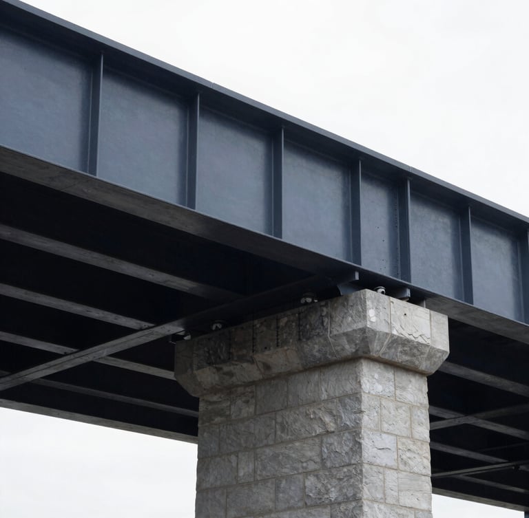 Architectural detail of a modern steel and stone bridge structure, clean lines, bright natural overcast daylight, deep slate tones