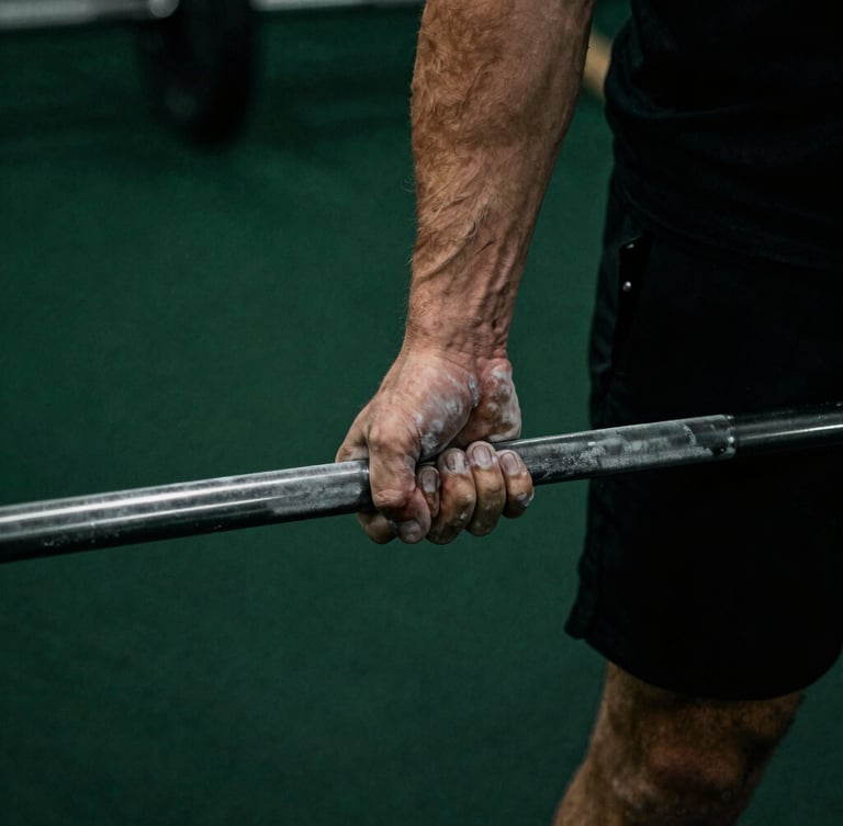 Moody athletic photography, dramatic low-key lighting, close-up of a heavily chalked hand gripping a steel barbell, deep forest green and matte black tones, high contrast, 35mm film