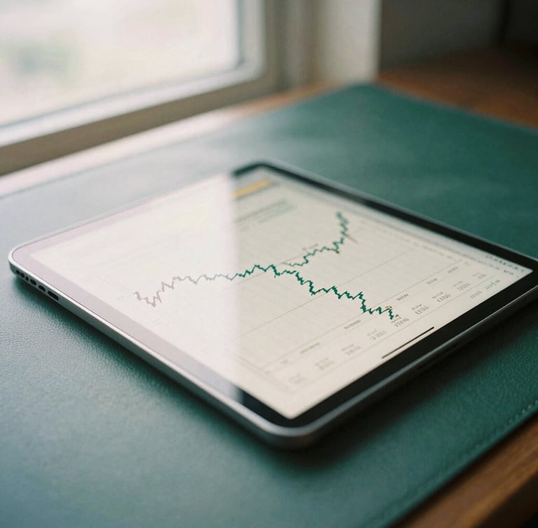 An editorial close-up of a tablet displaying clean financial charts on a dark green leather desk blotter, soft overcast light from a nearby window, professional 35mm photography.