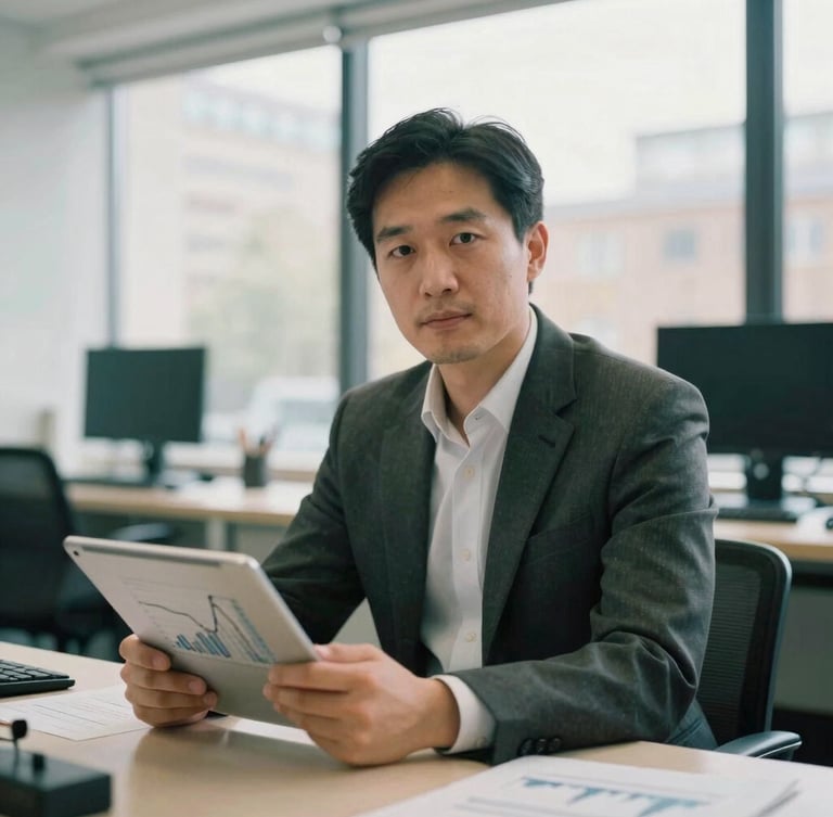 Editorial portrait of a professional finance writer in a sunlit London office, holding a tablet with clean financial charts, 35mm film style