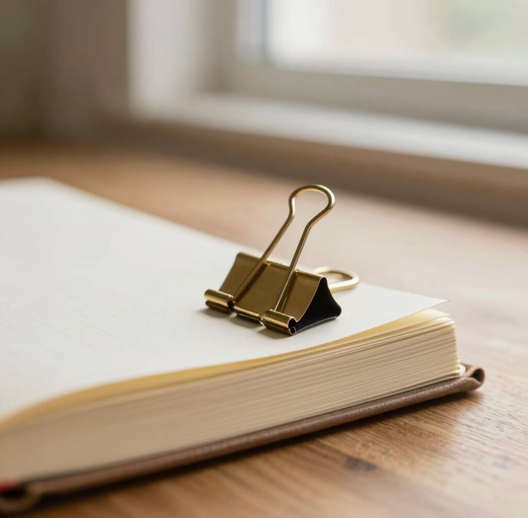 Macro detail of a brass clip holding open a textured paper journal on a wooden desk, soft morning window light, warm editorial photography, 35mm