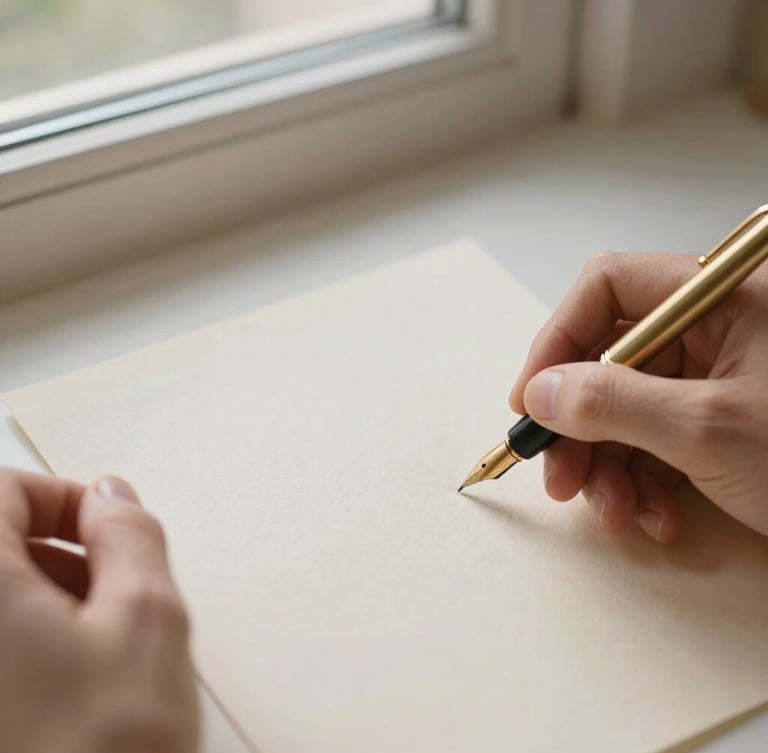 Overhead view of hands writing a letter on heavy cream cotton paper with a brass fountain pen, soft morning window light, warm editorial photography, 35mm