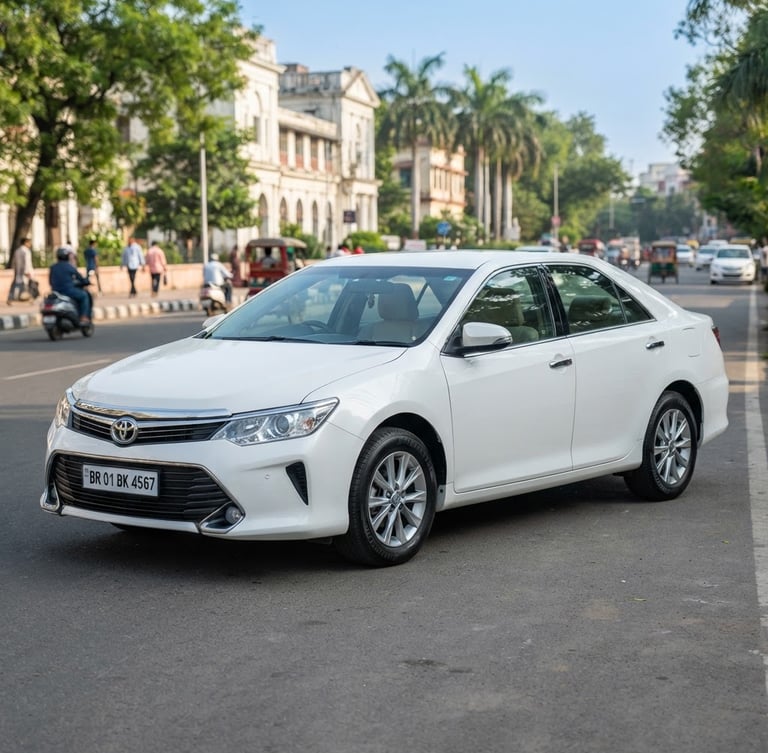 Three-quarter commercial shot of a spotless white sedan parked on a clean street in Patna, bright natural daylight, crisp details