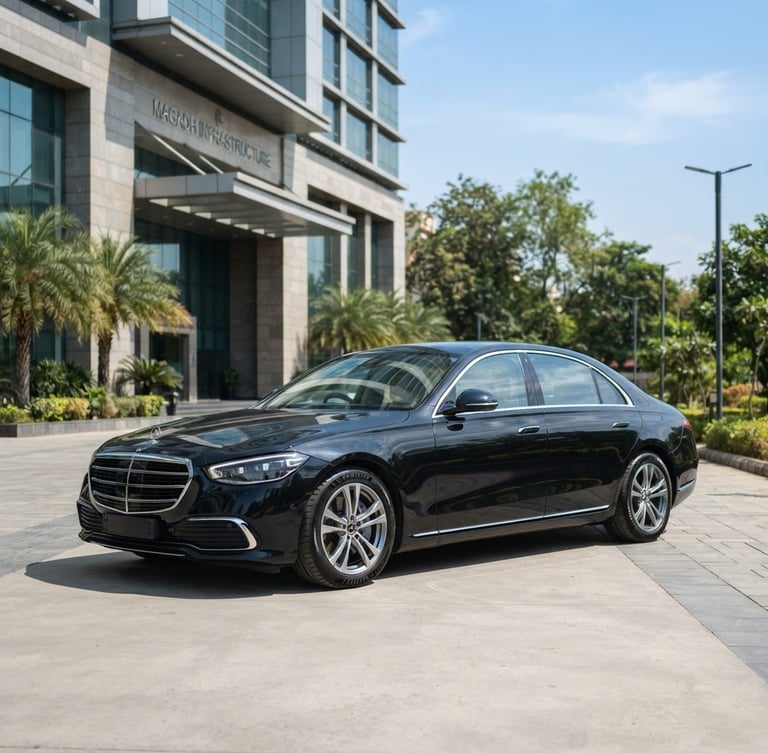 A spotless modern executive sedan parked in front of a clean, premium corporate office building in Patna, bright natural daylight, 35mm lens.