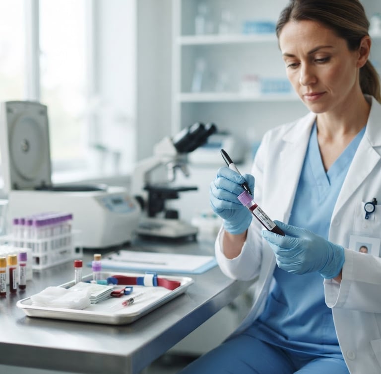 Professional phlebotomist in clean uniform preparing a blood sample in a modern, brightly lit laboratory, shallow depth of field, 35mm, crisp white and soft blue tones.