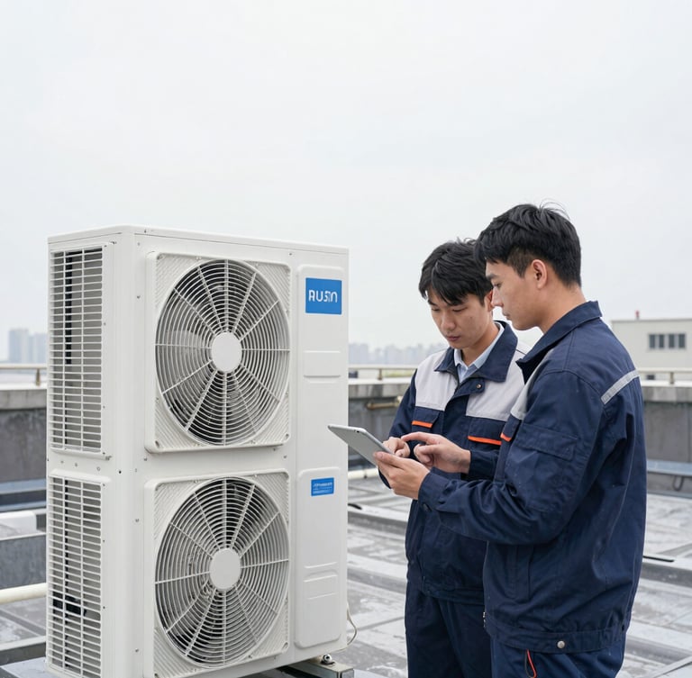 Technician reviewing diagnostic data on a tablet while inspecting a commercial HVAC unit on a rooftop, clean overcast daylight, cool desaturated tones.
