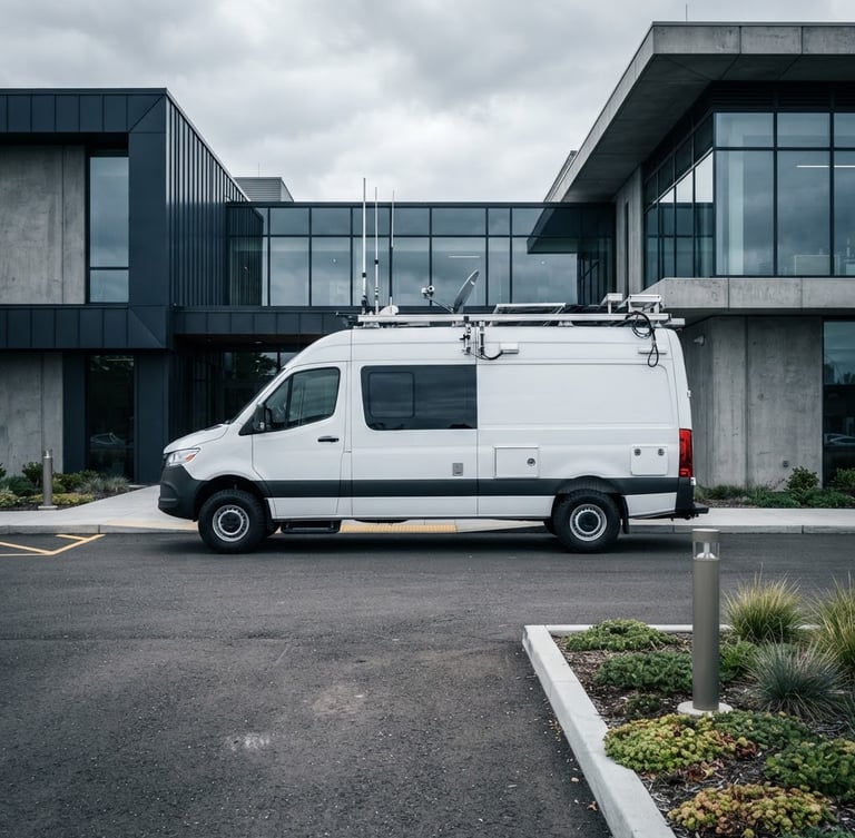 High-contrast industrial photograph of a clean, branded Absolute Potential LLC service vehicle with telemetry equipment, parked in front of modern architecture under overcast daylight, sharp focus.
