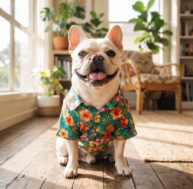 Bright joyful French Bulldog wearing a custom-tailored colorful tropical shirt, sitting happily in a sun-drenched living room, eye-level framing, 35mm