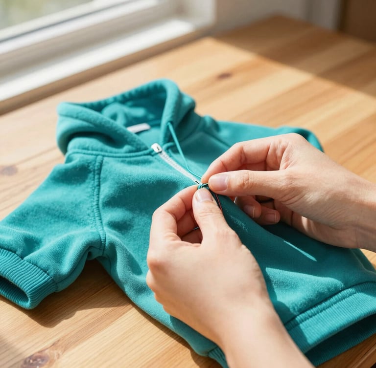 A close-up of hands carefully stitching a vibrant teal pet hoodie on a wooden table, warm sunlight spilling from a window, detailed fabric texture, shallow depth of field