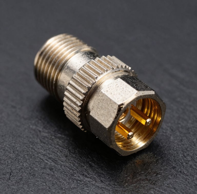 Sharp macro product photography of a heavy-duty M12 A-coded connector with gold-plated internal pins, high-contrast industrial studio lighting with sharp highlights reflecting off the metallic threaded coupling, dark slate background, 50mm lens