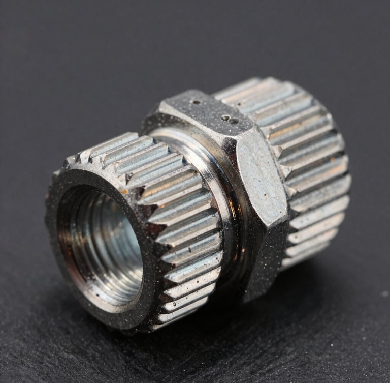 Extreme macro close-up of a threaded stainless steel M12 connector coupling, high-contrast industrial studio lighting with sharp orange reflections on metallic threads, dark slate background, 50mm