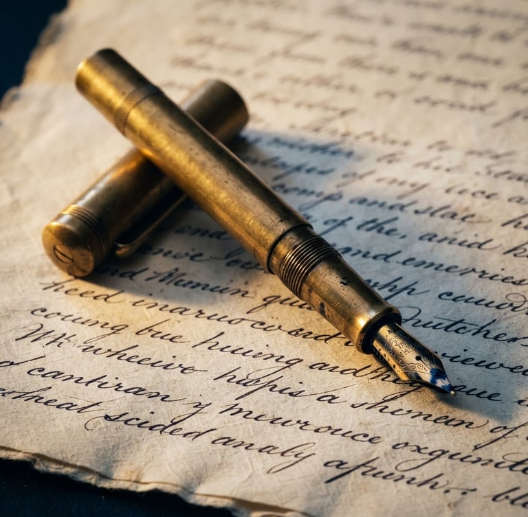 Macro shot of a classic brass fountain pen resting on a thick, textured legal document with elegant cursive writing, warm side-lighting, deep navy shadows.
