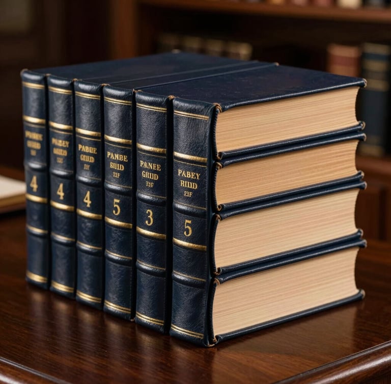A close-up of leather-bound legal volumes stacked neatly on a dark mahogany desk, warm light catching the gold-embossed lettering on the spines.