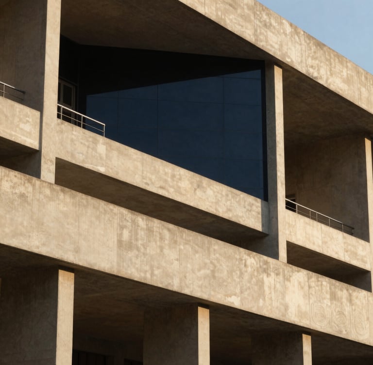 Architectural detail of the Gurugram District Court complex, concrete structures softened by warm afternoon sunlight, clean lines, professional atmosphere.