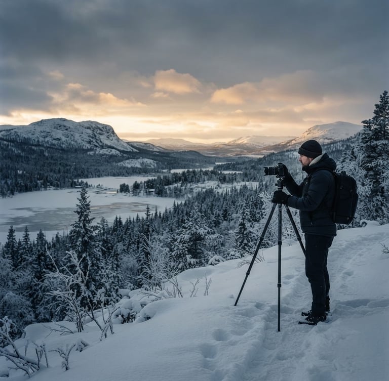 A wide portrait of a Finnish winter landscape at golden hour, a lone photographer standing in the right third, capturing the quiet, sharp light. High contrast, cool desaturated tones.
