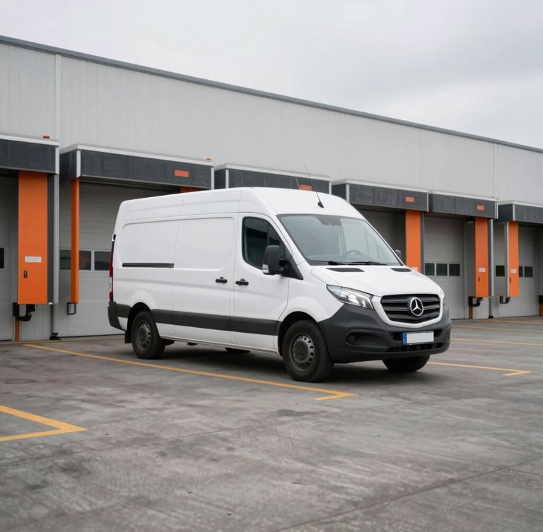 Industrial documentary photography, natural overcast daylight, a real cargo van parked at a clean modern loading dock, desaturated asphalt background with safety orange accents, 35mm lens