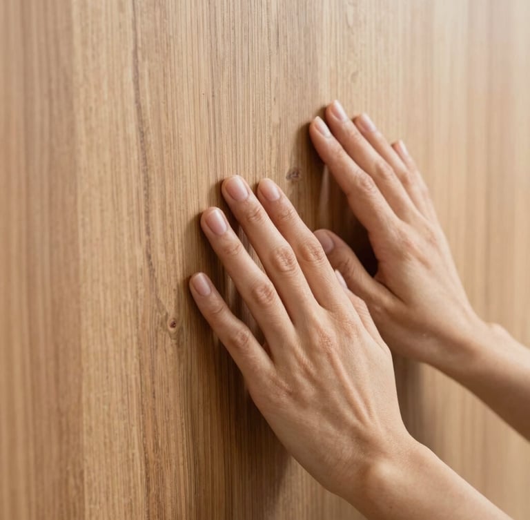 Close-up of hands touching a smooth natural oak wood panel, soft side daylight, macro focus, 35mm