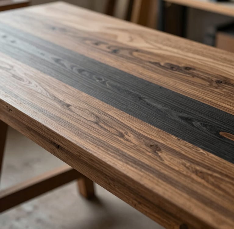 Close-up of raw natural oak wood textures on a modern carpenter bench, soft side daylight, sharp focus, 35mm architectural photography