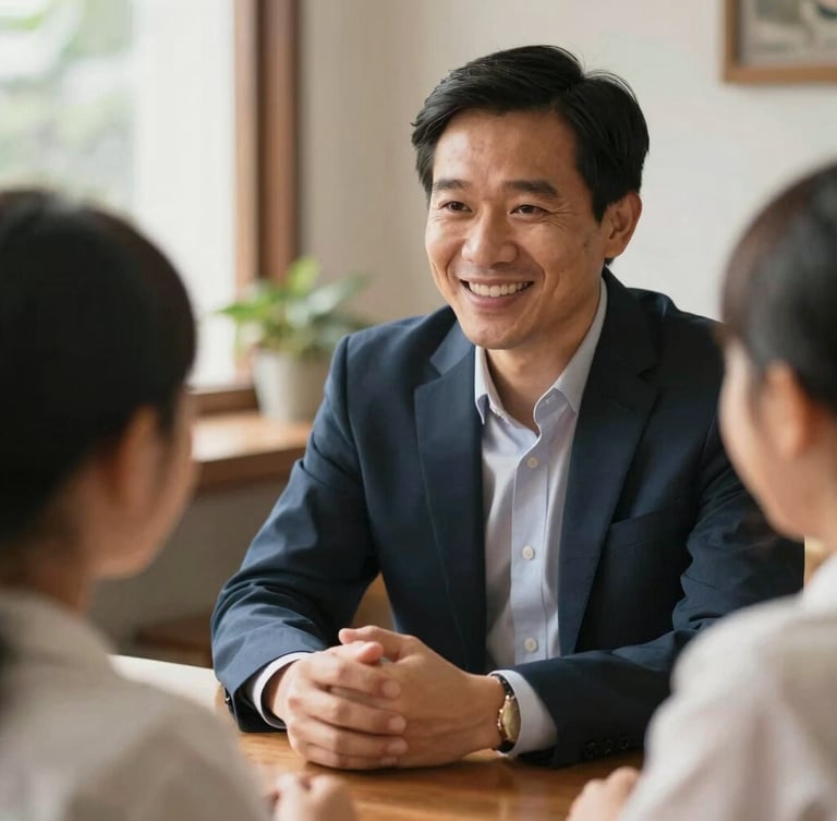 Close-up portrait of a Vietnamese financial consultant, genuine and approachable, conversing warmly with a family at a wooden table, hands holding, soft natural morning light, shallow depth of field, authentic moments, warm editorial photography.