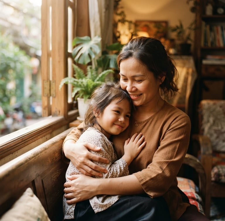 Portrait of a warm Vietnamese family, a mother gently embracing her child, soft morning light filtering through a window, rich warm tones, shallow depth of field, authentic moment, warm editorial photography.