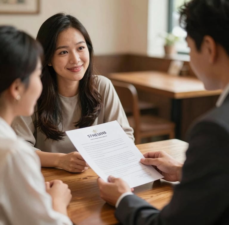 Consultant warmly conversing with a Vietnamese couple over a wooden table, hands holding a policy document, soft indoor ambient lighting, genuine expressions of understanding and trust, warm editorial photography.
